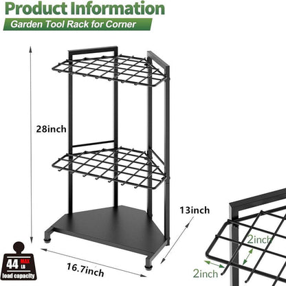 Triangular metal corner rack holding garden tools upright in a shed
