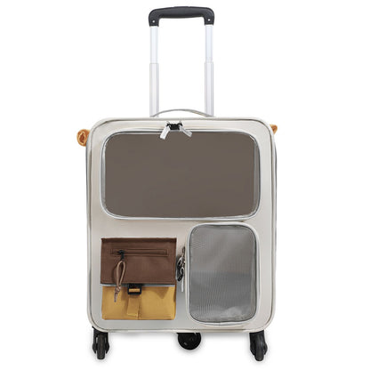 Brown and grey foldable pet carrier trolley with mesh sides, front window and wheels