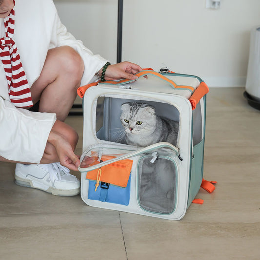 Brown and grey foldable pet carrier trolley with mesh sides, front window and wheels