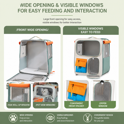 Brown and grey foldable pet carrier trolley with mesh sides, front window and wheels