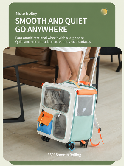 Brown and grey foldable pet carrier trolley with mesh sides, front window and wheels