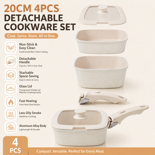 20cm detachable nonstick cookware set with frying pan, saucepan and glass lid