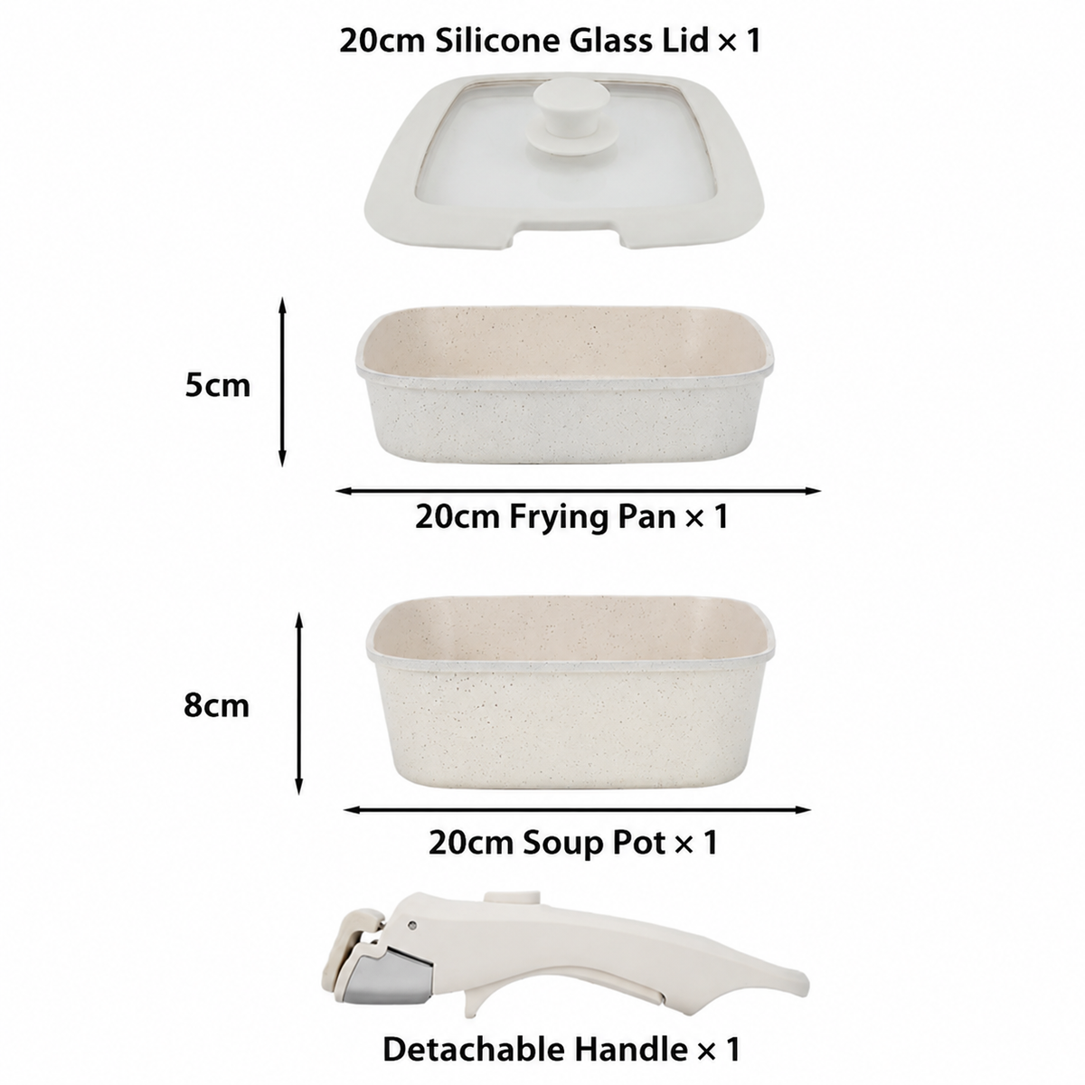 20cm detachable nonstick cookware set with frying pan, saucepan and glass lid