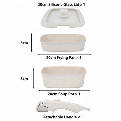 20cm detachable nonstick cookware set with frying pan, saucepan and glass lid