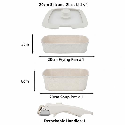 20cm detachable nonstick cookware set with frying pan, saucepan and glass lid