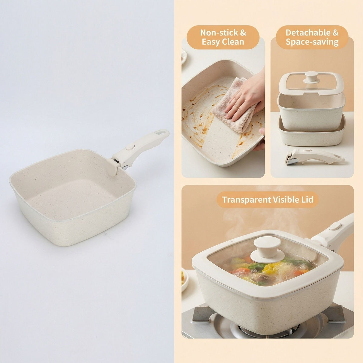 20cm detachable nonstick cookware set with frying pan, saucepan and glass lid