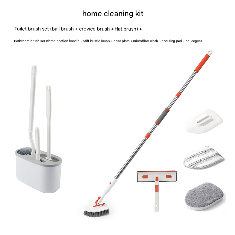 Nine piece cleaning brush set with telescopic handle and silicone toilet brush