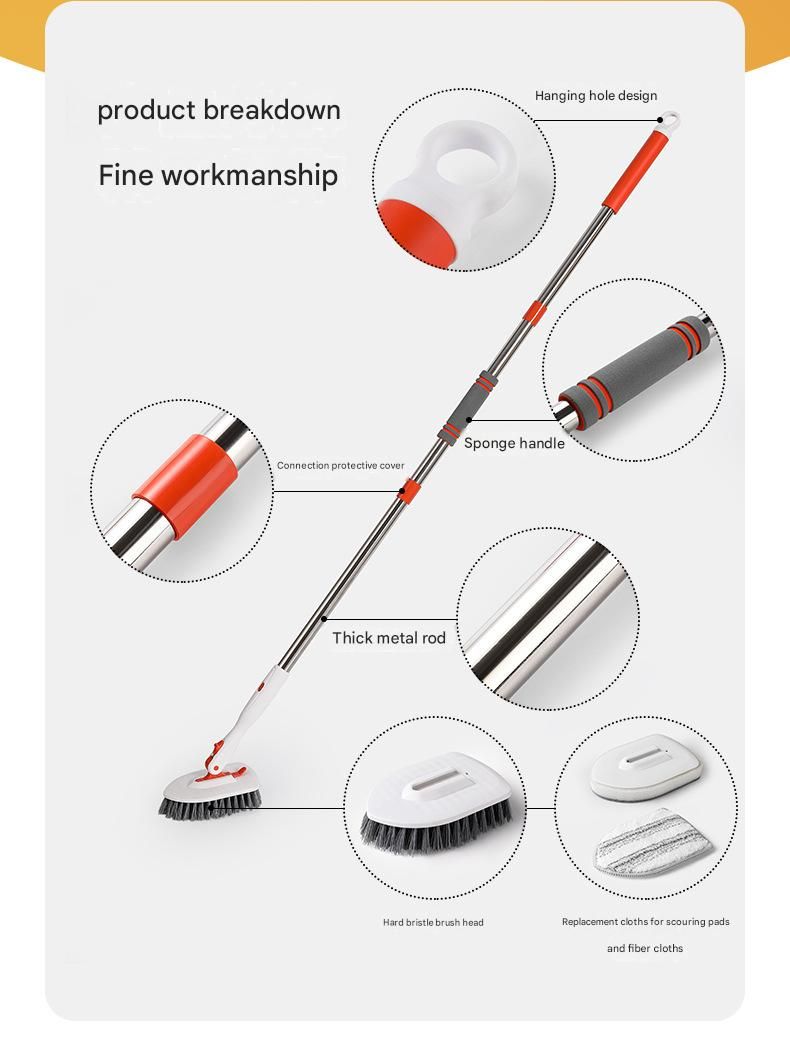 Nine piece cleaning brush set with telescopic handle and silicone toilet brush
