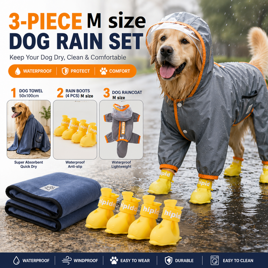 Dog rain gear set with grey raincoat, yellow boots and grey towel