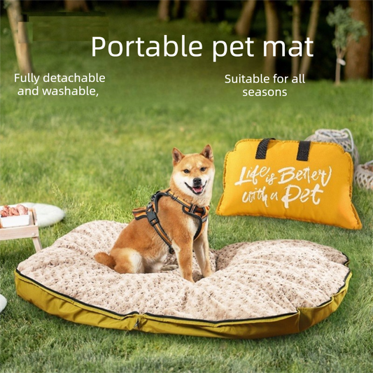 Khaki foldable pet bed mat with carry handles and plush sleeping surface
