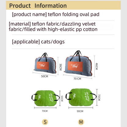 Khaki foldable pet bed mat with carry handles and plush sleeping surface