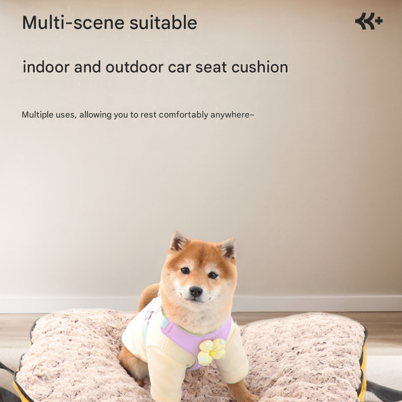 Khaki foldable pet bed mat with carry handles and plush sleeping surface