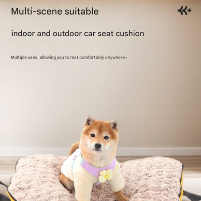 Khaki foldable pet bed mat with carry handles and plush sleeping surface