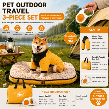 Yellow winter dog travel set with jacket, 3m retractable leash and foldable pet bed