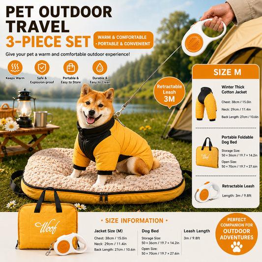 Yellow winter dog travel set with jacket, 3m retractable leash and foldable pet bed