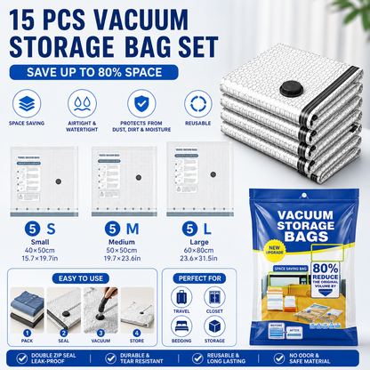 Fifteen piece vacuum compression bag set with clothing sealed inside