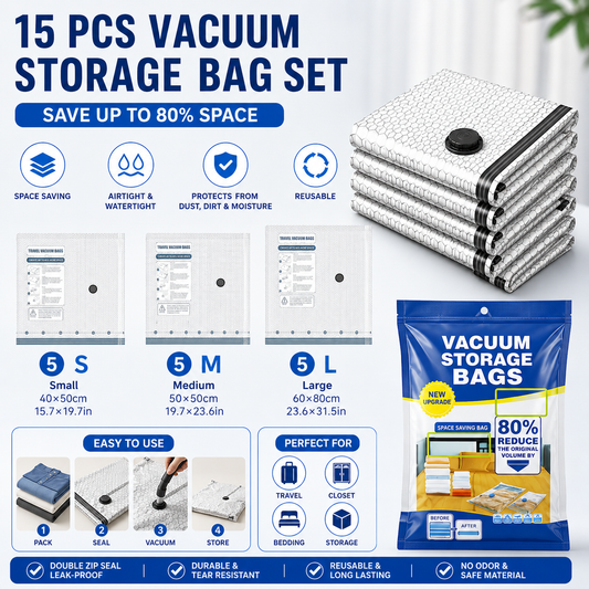 Fifteen piece vacuum compression bag set with clothing sealed inside