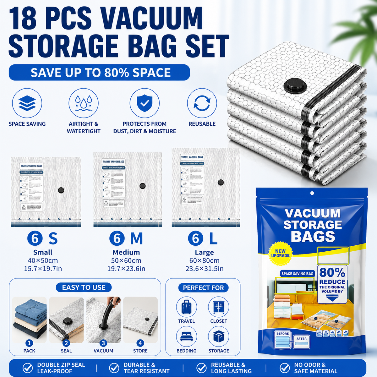 Set of vacuum compression storage bags with bedding sealed inside