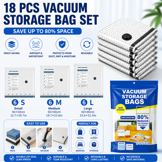 Set of vacuum compression storage bags with bedding sealed inside