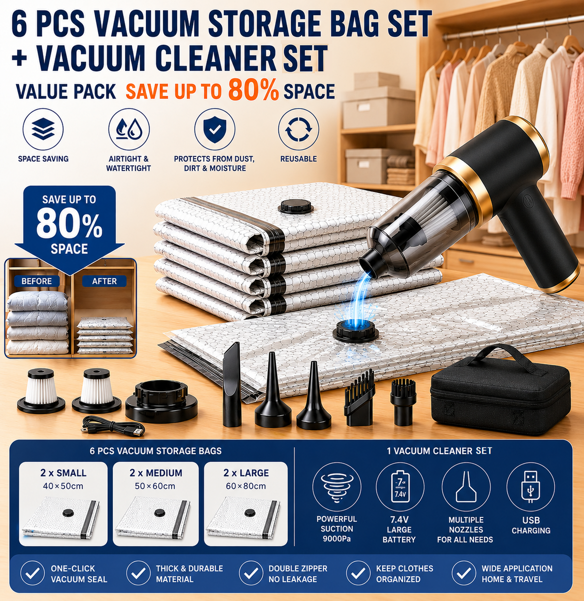 Cordless handheld vacuum cleaner with reusable vacuum storage bags