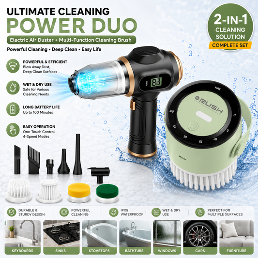 Black and green cordless 2-in-1 cleaning kit with vacuum, spin scrubber and brush heads