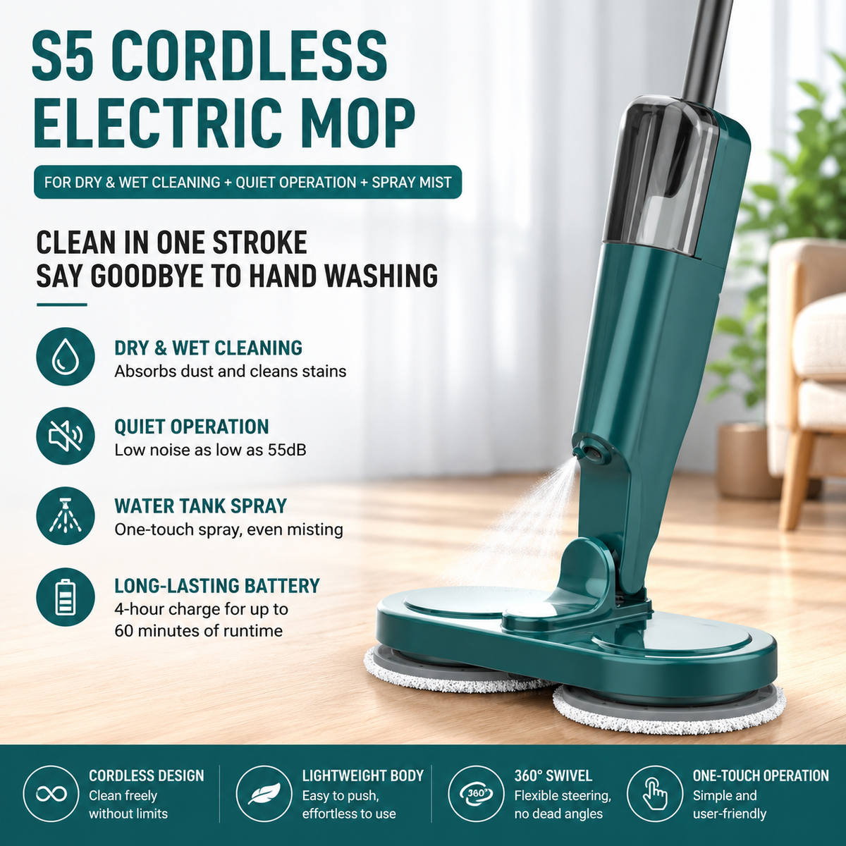 Green cordless electric spin mop with dual rotating heads on a tiled floor