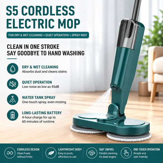 Green cordless electric spin mop with dual rotating heads on a tiled floor
