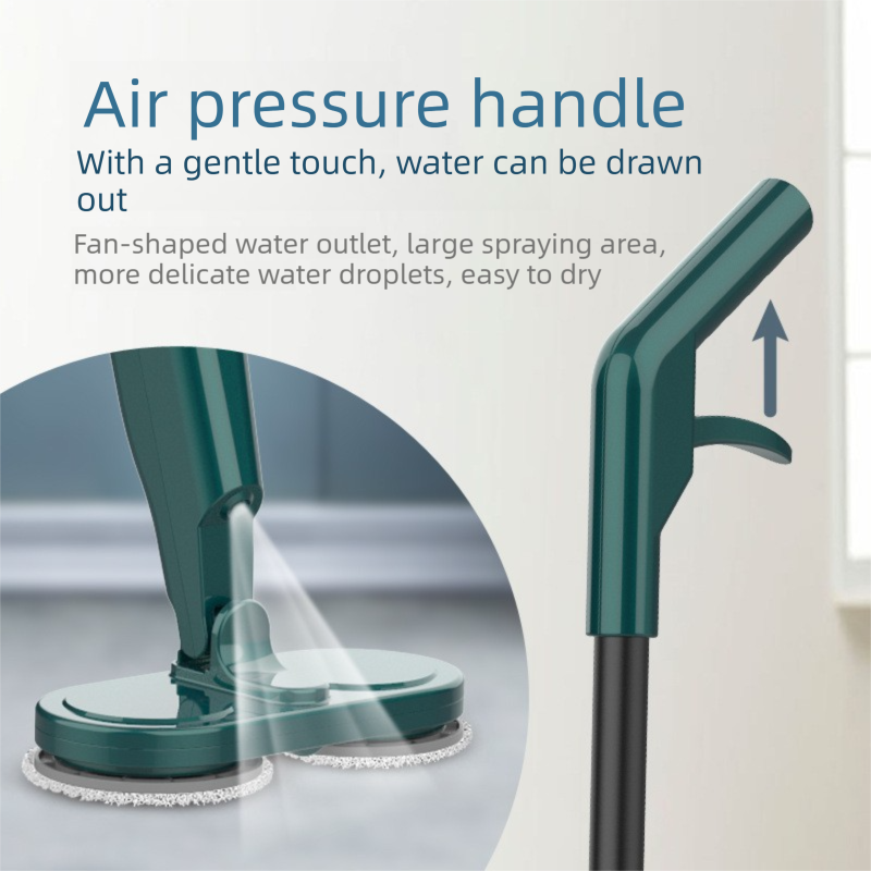 Green cordless electric spin mop with dual rotating heads on a tiled floor