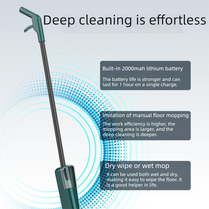 Green cordless electric spin mop with dual rotating heads on a tiled floor