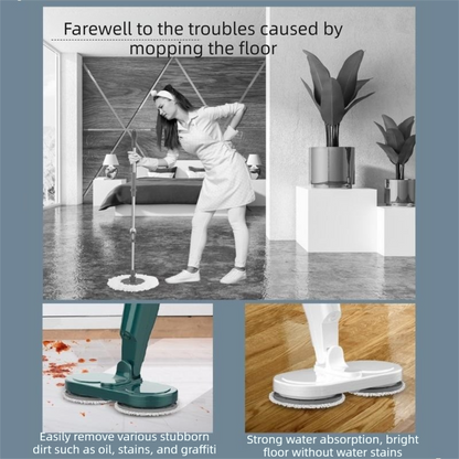 Green cordless electric spin mop with dual rotating heads on a tiled floor