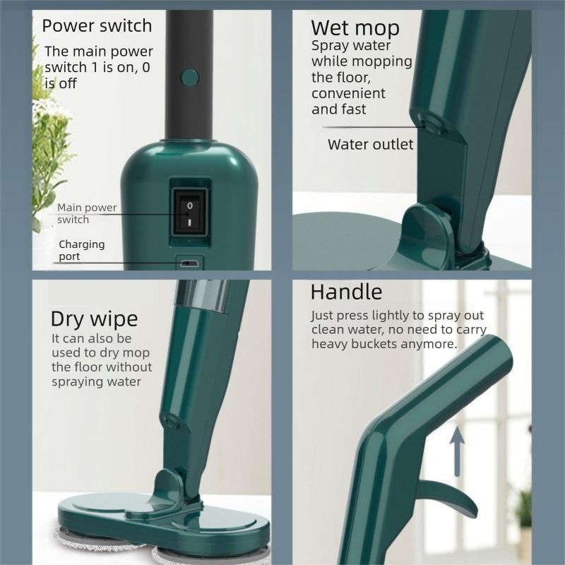 Green cordless electric spin mop with dual rotating heads on a tiled floor