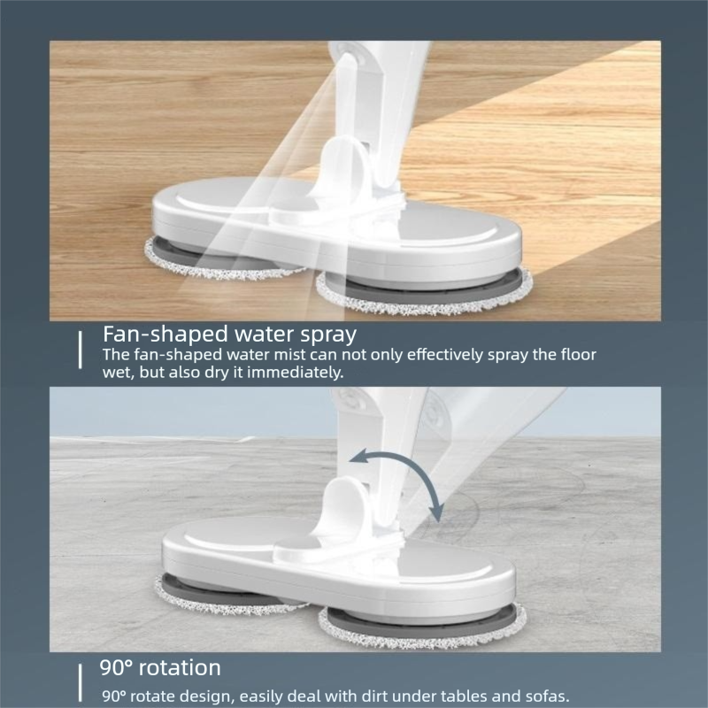 Green cordless electric spin mop with dual rotating heads on a tiled floor