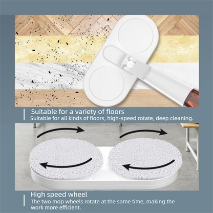 Green cordless electric spin mop with dual rotating heads on a tiled floor