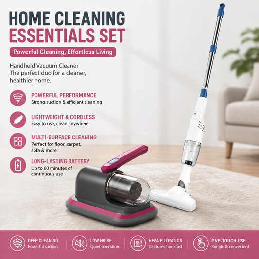 Two-piece cordless vacuum cleaner bundle with UV mite vacuum and stick vacuum