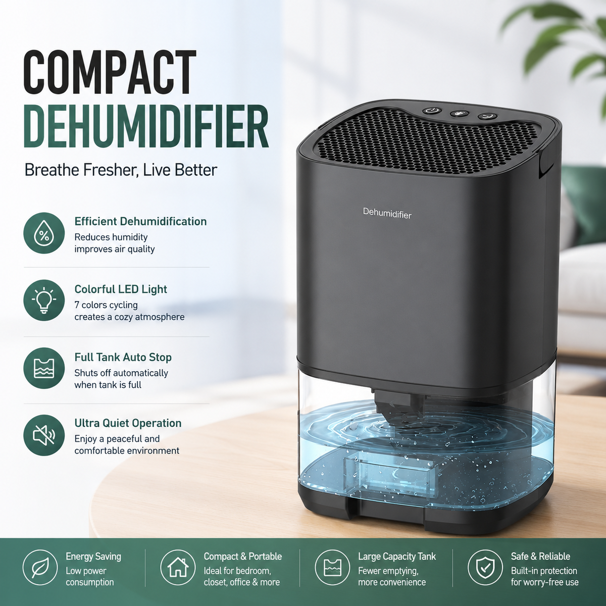 Black mini dehumidifier with 1000ml water tank, RGB night light and control buttons