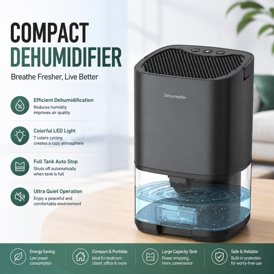 Black mini dehumidifier with 1000ml water tank, RGB night light and control buttons