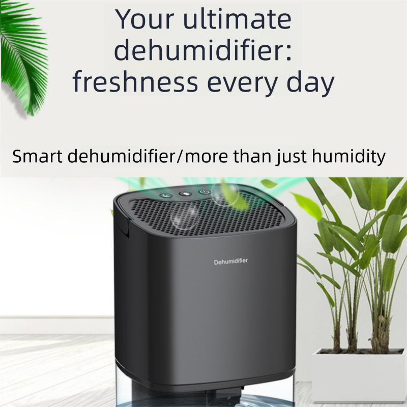 Black mini dehumidifier with 1000ml water tank, RGB night light and control buttons