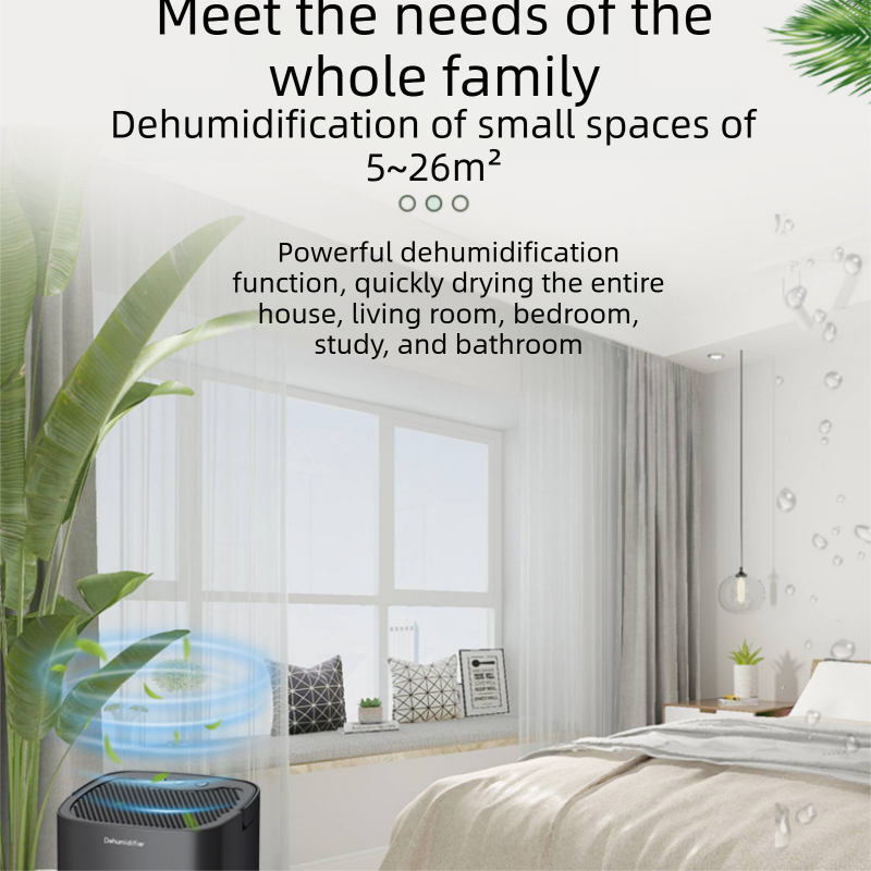 Black mini dehumidifier with 1000ml water tank, RGB night light and control buttons