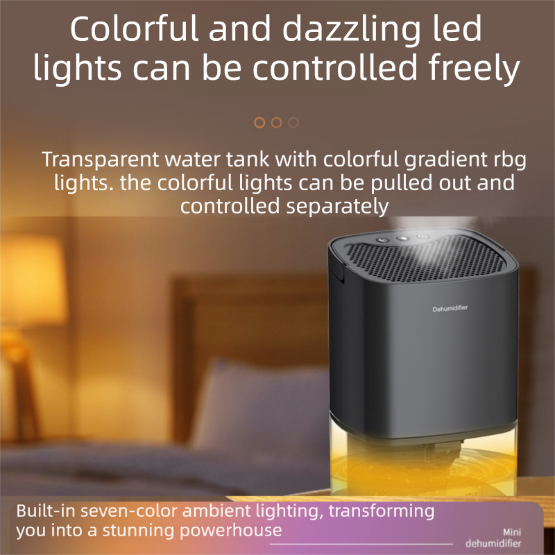 Black mini dehumidifier with 1000ml water tank, RGB night light and control buttons