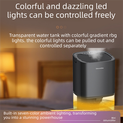 Black mini dehumidifier with 1000ml water tank, RGB night light and control buttons