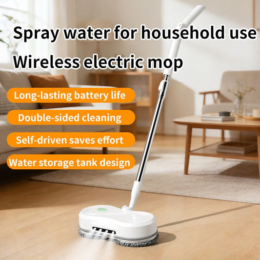 White cordless electric spray mop with LED light on a timber floor