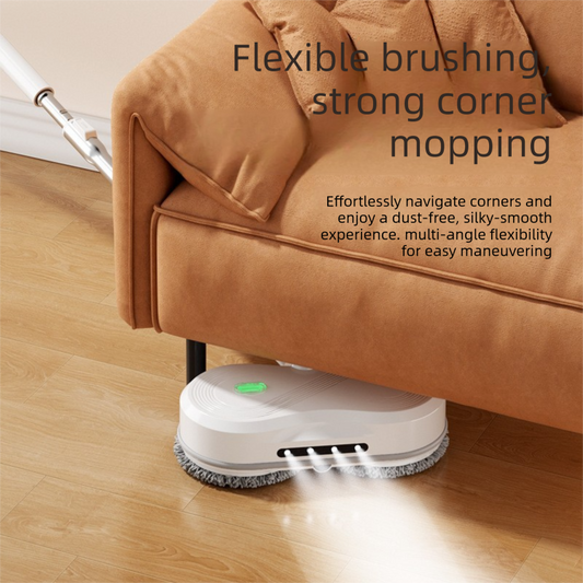 White cordless electric spray mop with LED light on a timber floor