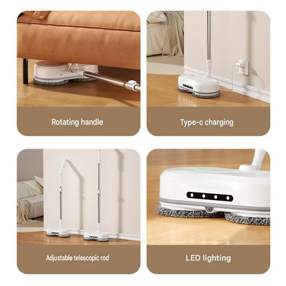 White cordless electric spray mop with LED light on a timber floor