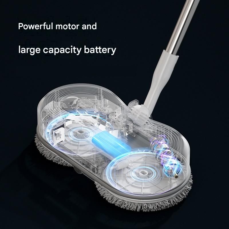 White cordless electric spray mop with LED light on a timber floor