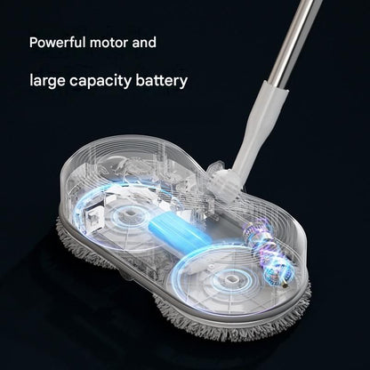 White cordless electric spray mop with LED light on a timber floor