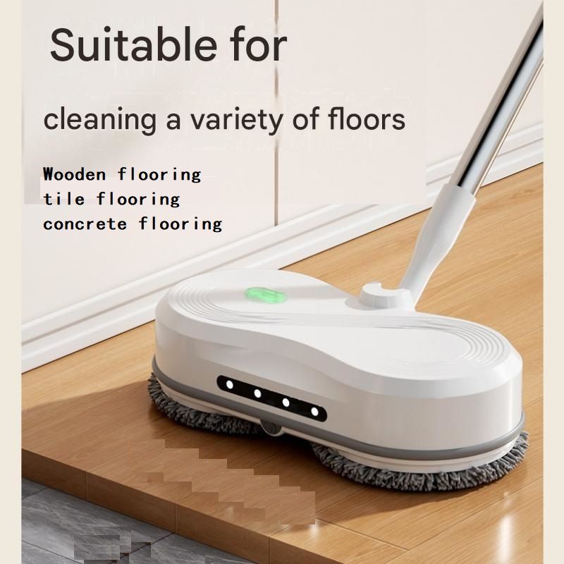 White cordless electric spray mop with LED light on a timber floor