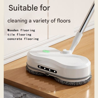 White cordless electric spray mop with LED light on a timber floor