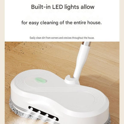 White cordless electric spray mop with LED light on a timber floor