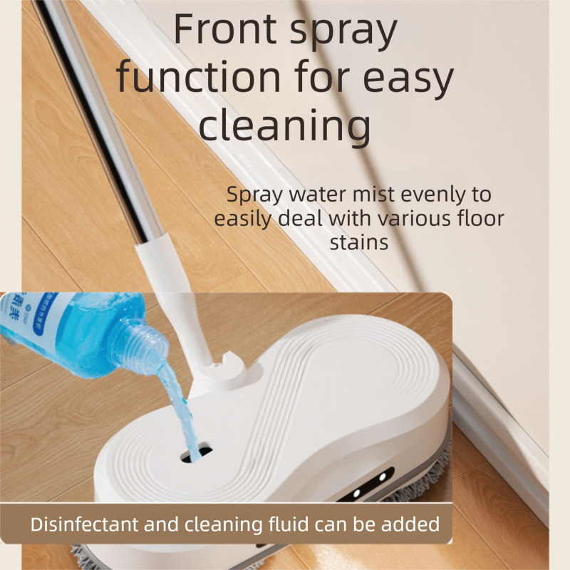 White cordless electric spray mop with LED light on a timber floor