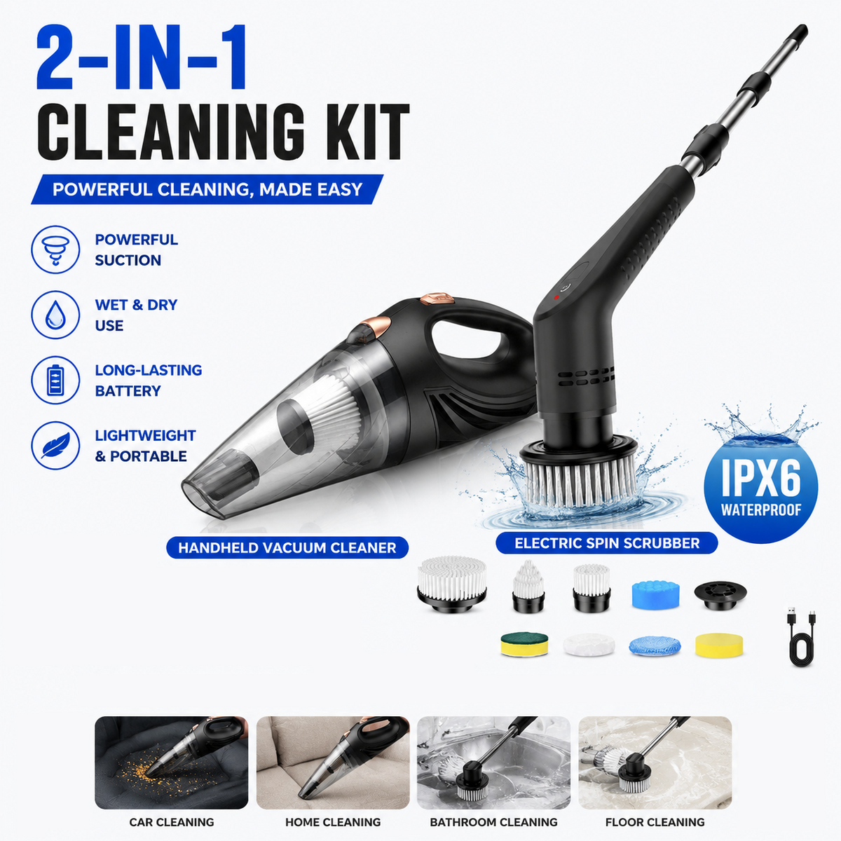 Black cordless car vacuum cleaner and electric spin scrubber combo with brush heads